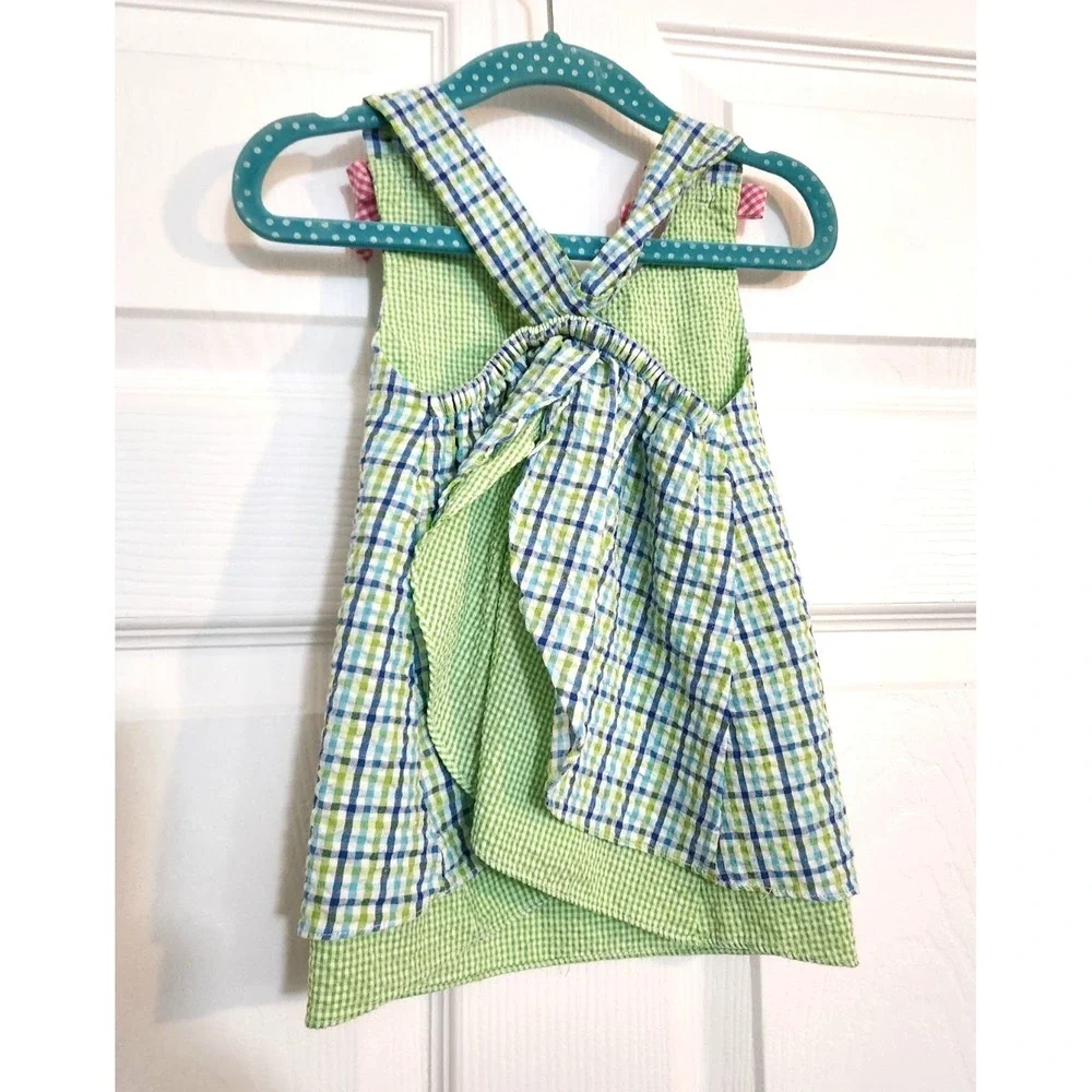 ZU Blue Green White Seersucker Sun Dress w/ Alligator Appliqué 12M Super Cute